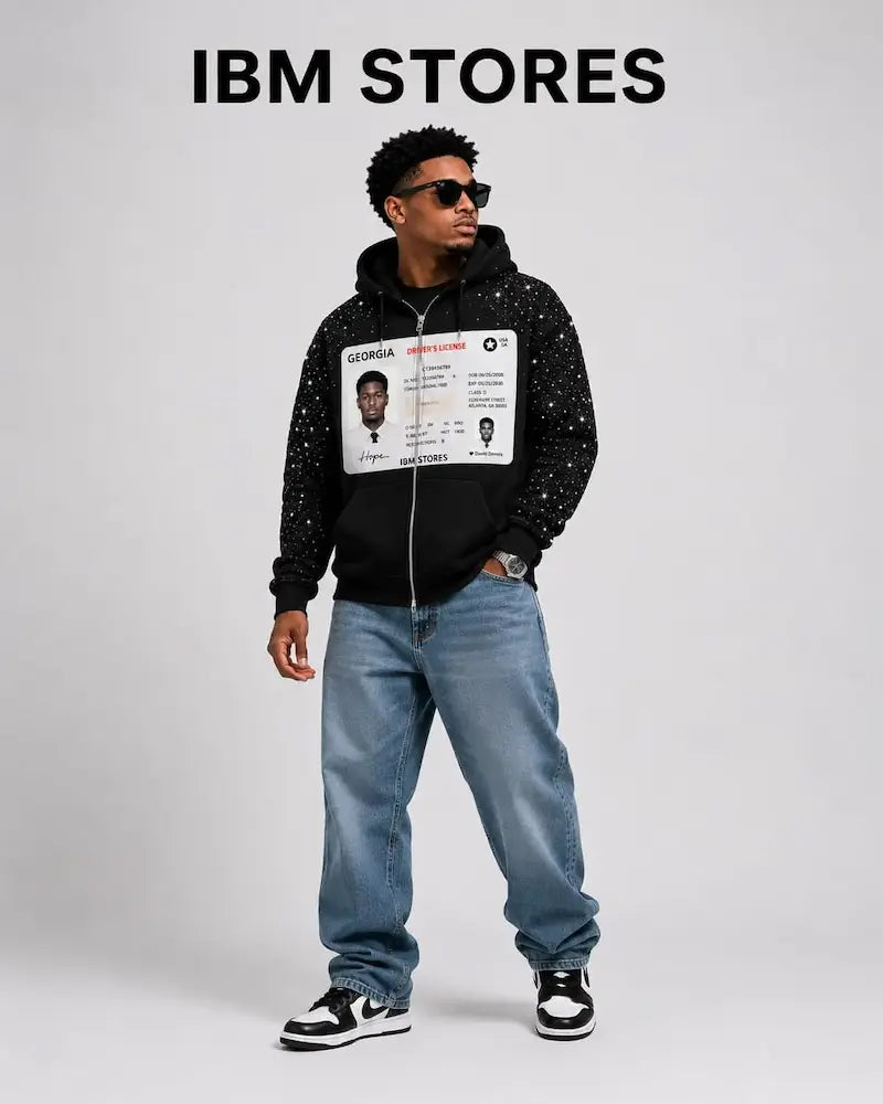 Custom License Photo Hoodie – Personalized Oversized Rhinestone Zip Hoodie | IBM STORES