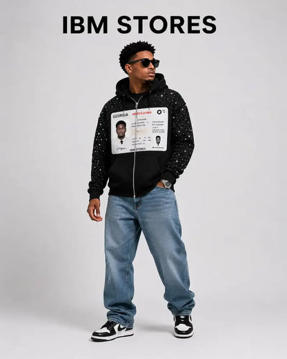 Custom License Photo Hoodie – Personalized Oversized Rhinestone Zip Hoodie | IBM STORES