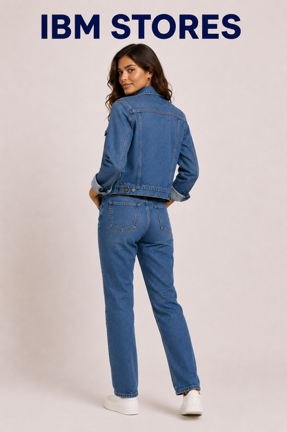 Women’s Blue Denim Jacket & Wide Leg Jeans Set – Casual Streetwear Outfit | IBM STORES