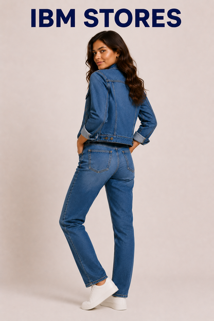 Women’s Blue Denim Jacket & Wide Leg Jeans Set – Casual Streetwear Outfit | IBM STORES